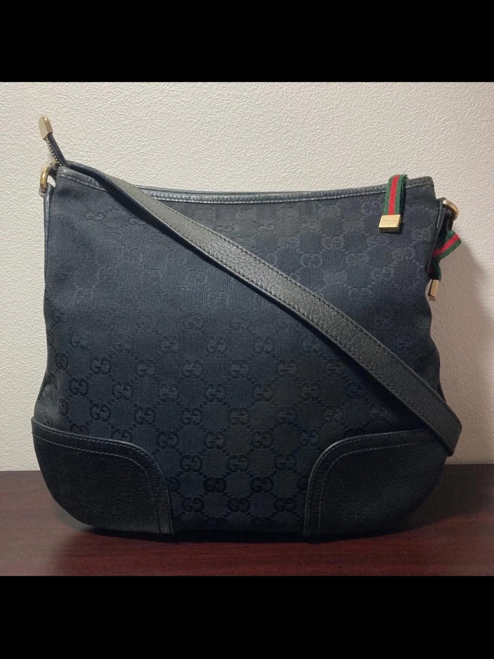 Gucci Black GG Canvas Hobo with Signature Green-Red Web